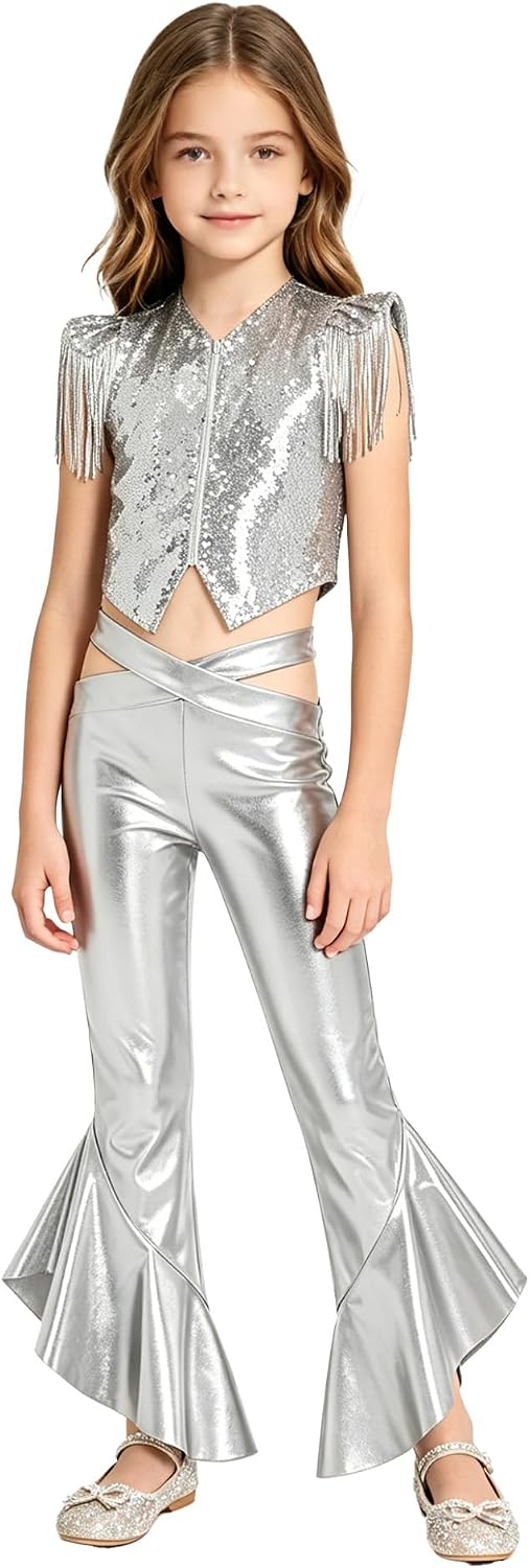 Linjinx Kids Sequin Costumes Shiny Pants and Top Set 2 Piece Dance Outfit Ballroom Dancewear for Party Competitions