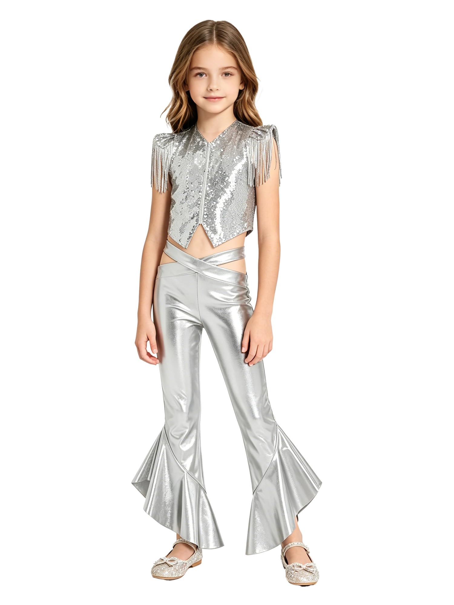 MSemis Enfants Ensemble Hip Hop Enfant Fille Tenues De Danse Avec Paillettes Pour Filles Ensemble Pantalons Danse Jazz Pour Filles Party Argent 15-16 ans