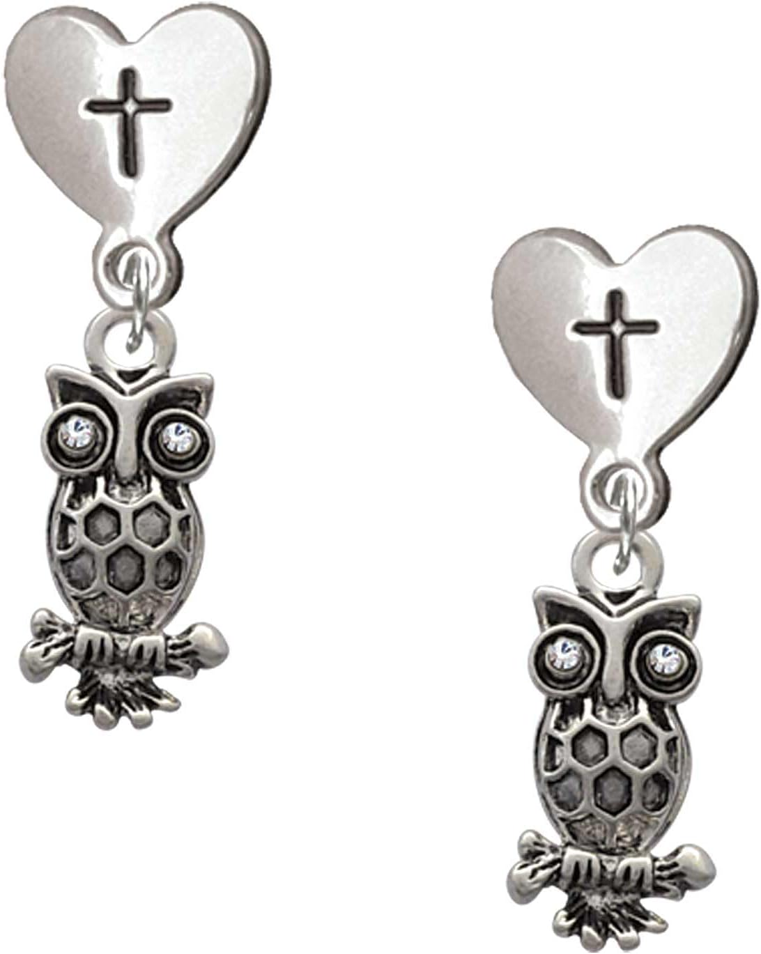 Delight Jewelry Silvertone Antiqued Owl with Clear Crystal Eyes Cross in Heart Post Dangle Earrings
