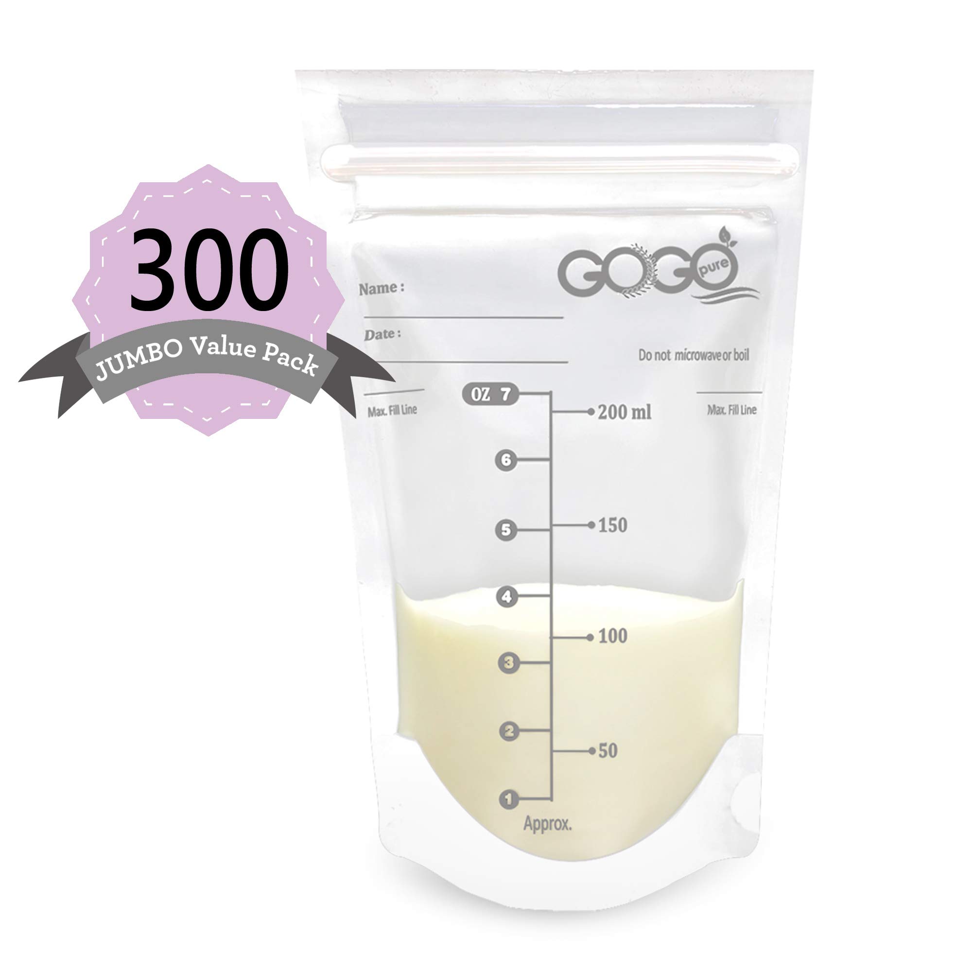 300 Count (5 Pack of 60 Bags) Jumbo Value Pack Breastmilk Storage Bags - 7 OZ, Pre-Sterilized, BPA Free, Leak Proof Double Zipper Seal, Self Standing, , for Refrigeration and Freezing - Only at Amazon