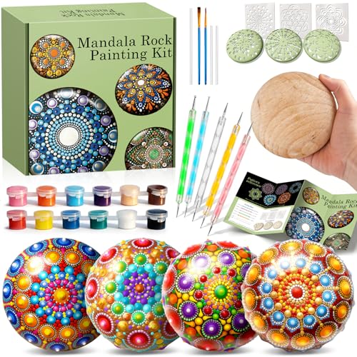 Catcrafter Mandala Rock Painting Kit - 5 Large Wooden Rocks for Painting with 6 Stencil Supplies - Mandala Dotting Tools Kit - Dotting Tools for Paint Rocks - Dot Art and Crafts for Adults Woman