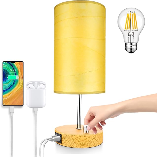 Wondlumi Bedside Lamp for Bedroom, Fully Dimmable with USB Port, Table Lamps for Living Room Modern Nightstand Desk Lamp with Yellow Kraft Lampshade, Included 8W LED Bulb