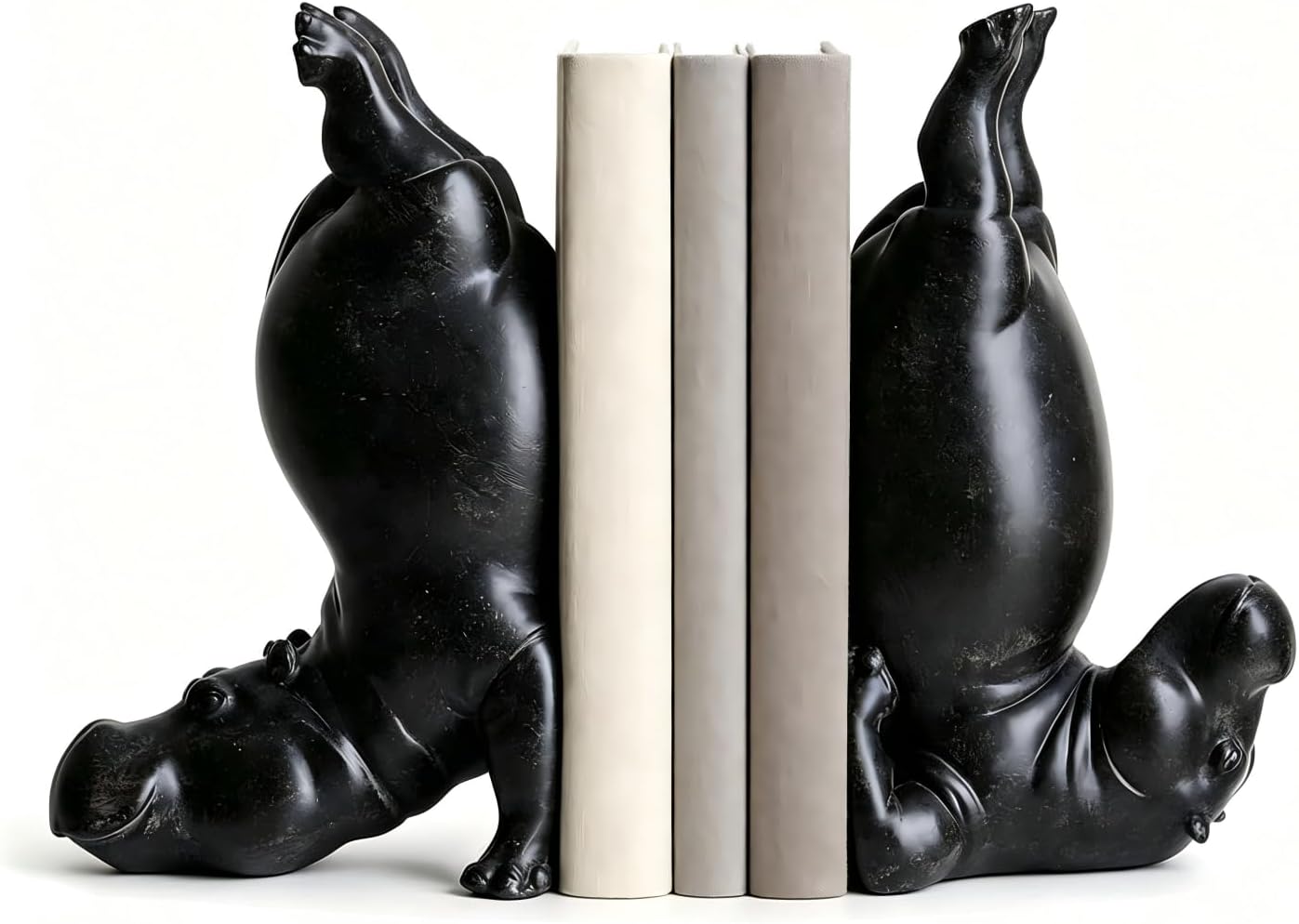 Black Resin Hippo Bookends Set of 2 – Heavy Duty Decorative Book Ends for Shelves, Unique Animal Book Stopper for Heavy Books, Hippo Decor for Home Office Bookshelf, Book Lover Gift