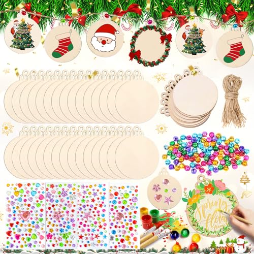 Mikqky 40 Piezas Bolas Redondas Madera para Colgar Adornos Navidad, Colgantes De Madera para Pintar, Discos De Madera, Discos De Madera Sin Acabado, Traer 40 x Campanas, 4 x Pegatinas, 4 x Cordel