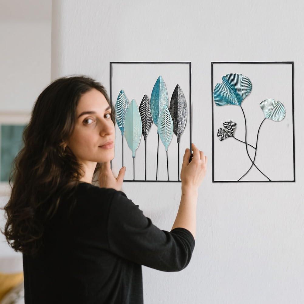 Zinueen 3 Stück Blatt Wanddekoration aus Metall, Schwar Metall Wandkunst | Minimalistische Metall Wanddeko, Home Wandkunst Dekorative Gemälde, für Zuhause Wohnzimmer Schlafzimmer Flur