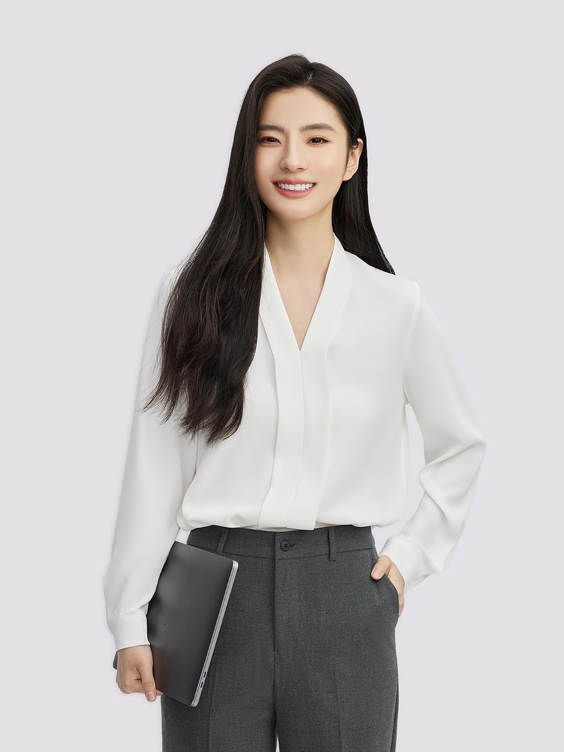 Womens Long Sleeved Shirt Satin V-Neck Interview Blouse for Women Dressy Casual Tops