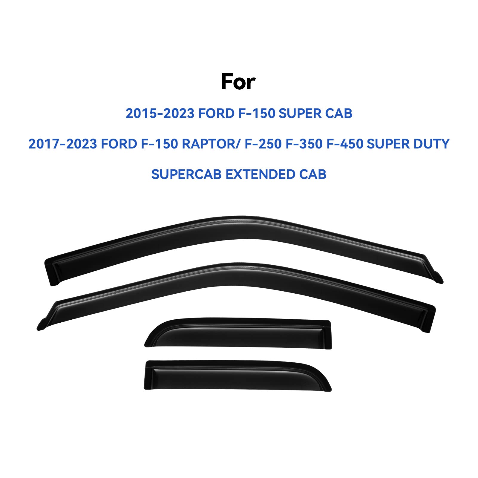 YQAUTEC Window Rain Guards Vent Visors for 2015-2023 Ford F150, Window Wind Deflectors for 2017-2023 Ford F150 Raptor/ F250 /F350/ F450 Super Duty SuperCab Extended Cab, 4PCS Tape-on