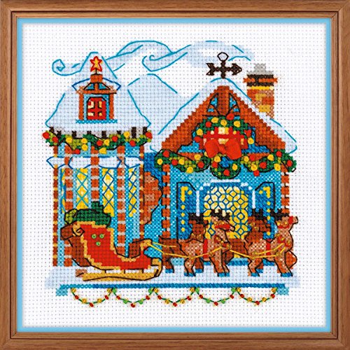 Image of RIOLIS - Cabin with Sleigh 1661, Christmas Cross Stitch Kits 6 inchX6 inch, Cross Stitch Kits for Beginners & Advanced, Crossstitching Kit Adult, Embroidery Counted Stitching Kit