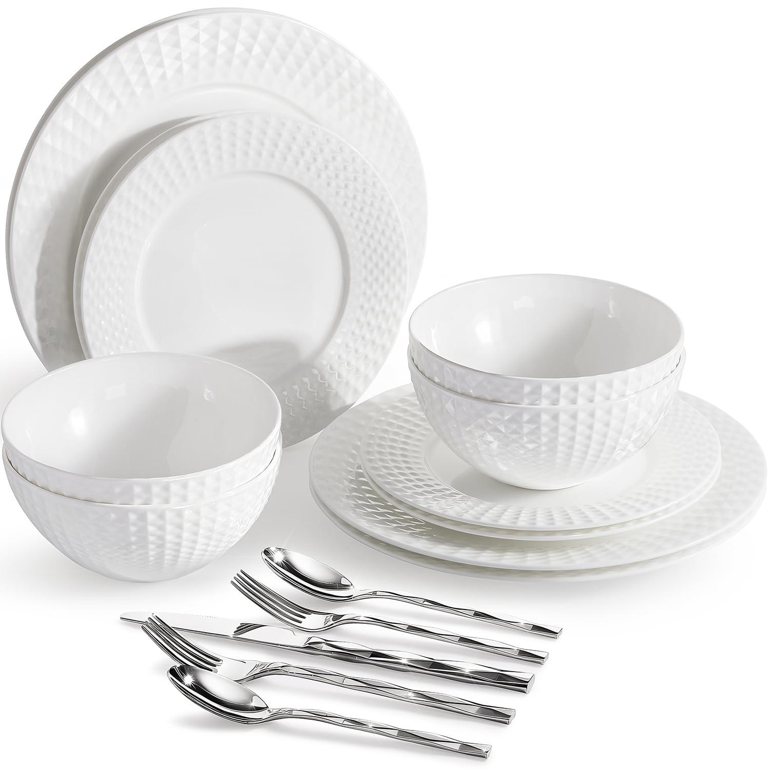 HIKAA Knochenporzellan Geschirrset und Besteck Set 4 Personen, Teller Set und 18/10 Edelstahl Besteckset Mikrowellen und Spülmaschinenfest, Tafelservice und Cutlery Set für Familie, Geschenk