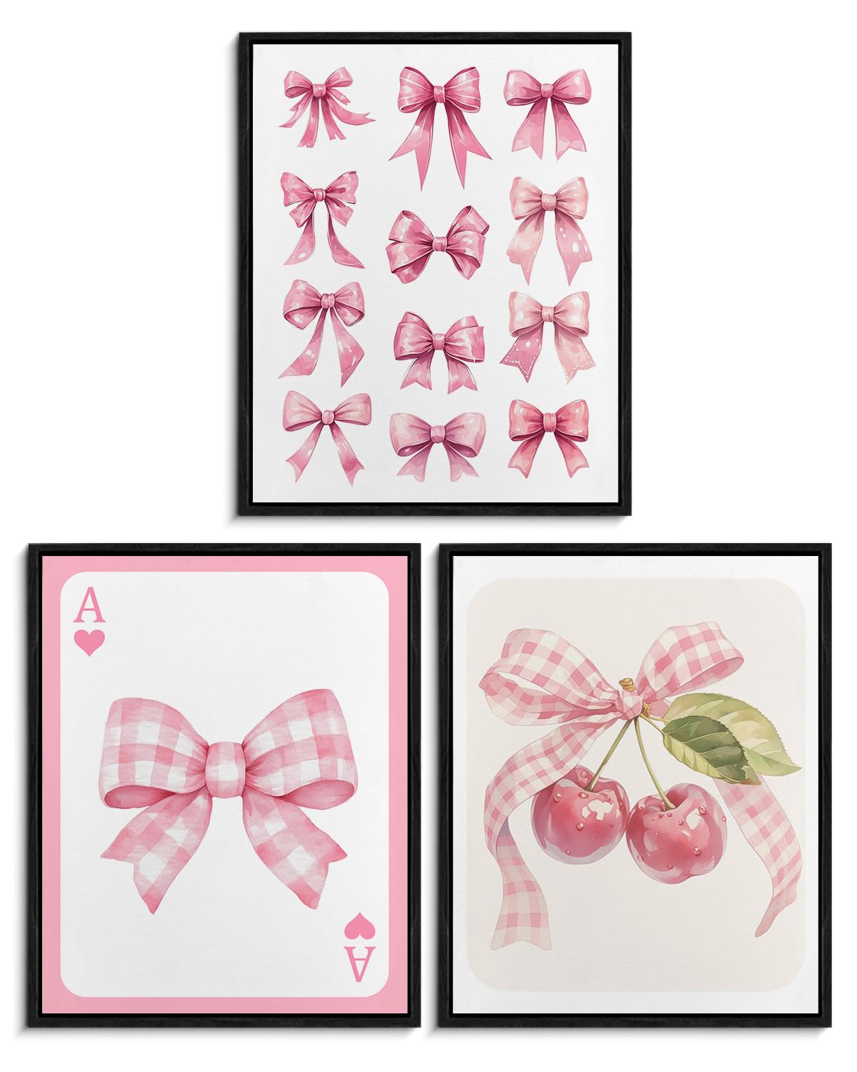 Pink Bow Wall Art Decor, Trendy Cherry Bow Poster Preppy Room Decor Aesthetic for Teen Girls, Pink Wall Art Prints for Dorm Bedroom, 8x10 Inches Set