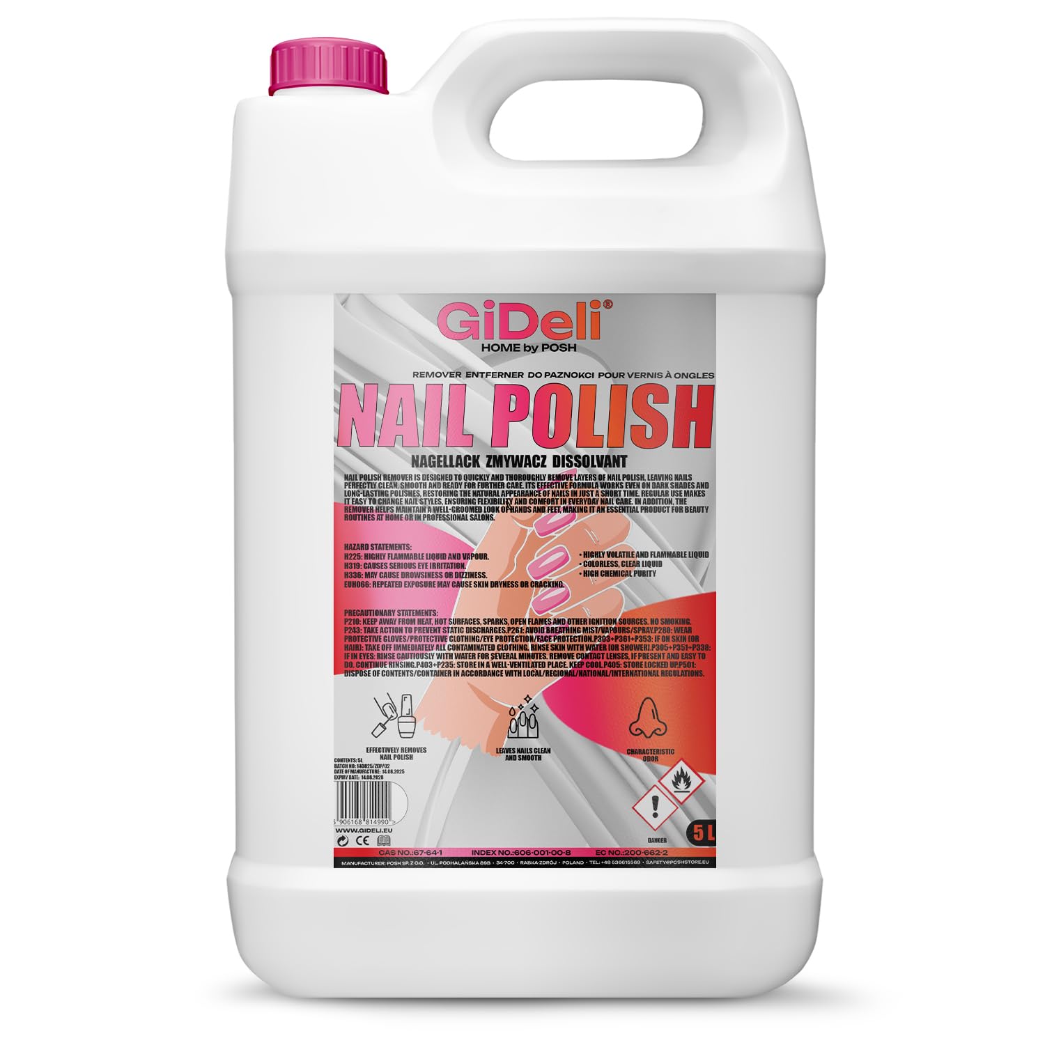 GiDeli Solvente per unghie 5 l, detergente professionale per unghie Soak-Off Gel e UV, rimozione delicata e affidabile degli smalti - per salone di unghie