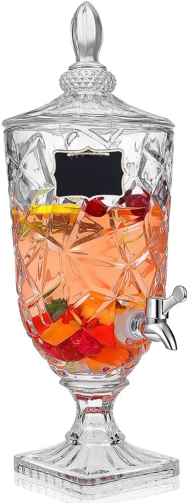 Drink Dispensers for Parties, 2L Glass Beverage Dispenser Clear Vintage Crystal Iced Beverage Dispenser with Spigot and 2 Wooden Chalkboard Wide Mouth Beverage Server for Bar Home