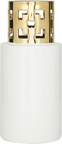Miniatura 3 de CosmoLiving by Cosmopolitan Jarrón de cerámica con detalles recortados dorados, 5 x 5 x 12 pulgadas, blanco