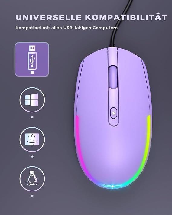 seenda Wired Mouse PC Computer Mouse with Wired 1600 DPI USB Mouse Wired for Laptop/PC/Computer/Mac (Purple)