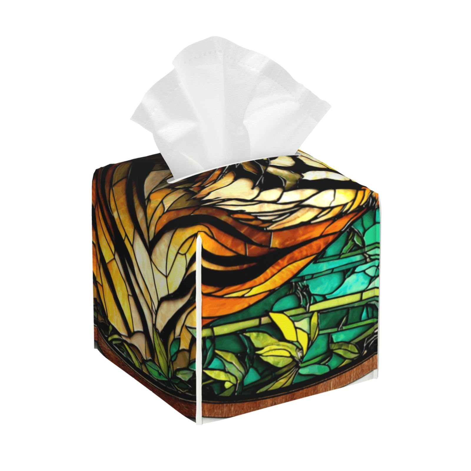 Tiger Stained Glass Tissue Box Cover Square Pu Leather Waterproof Tissue Box Holder for Car Bathroom Bedroom Office Tabletop Decor