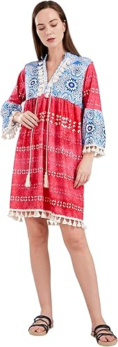 Miniatura 2 de yoeasy Vestido recto de punto de manga 34 con borlas y cuello en V para mujer, estilo bohemio, casual, hasta la rodilla