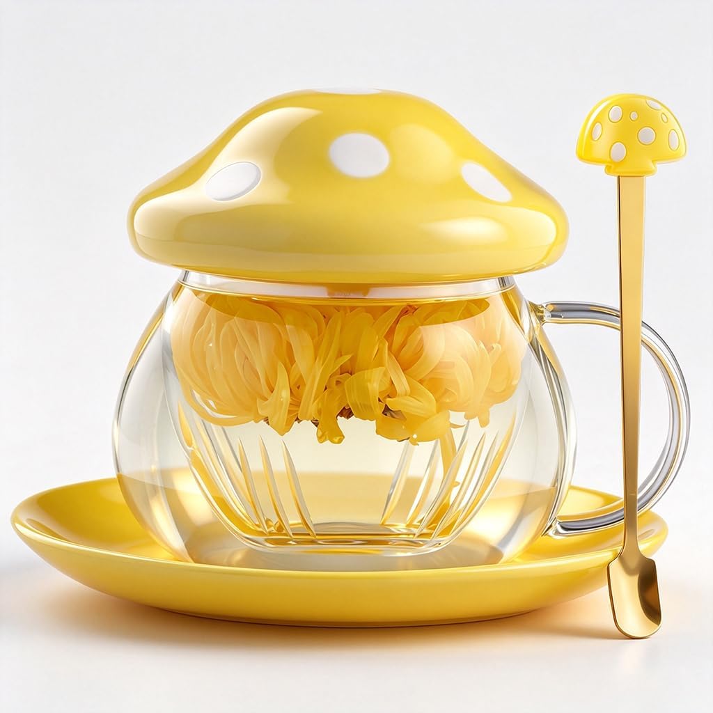 Mushroom Tea Cup Set, Cute Cups Glass Tea Cups with Infuser and Lid, Kawaii Teacup for Loose Leaf Tea Steeper, Coffee Mugs with Saucers, Blooming Tea, Tea Maker Gifts for Women Girls Birthday (Pink)