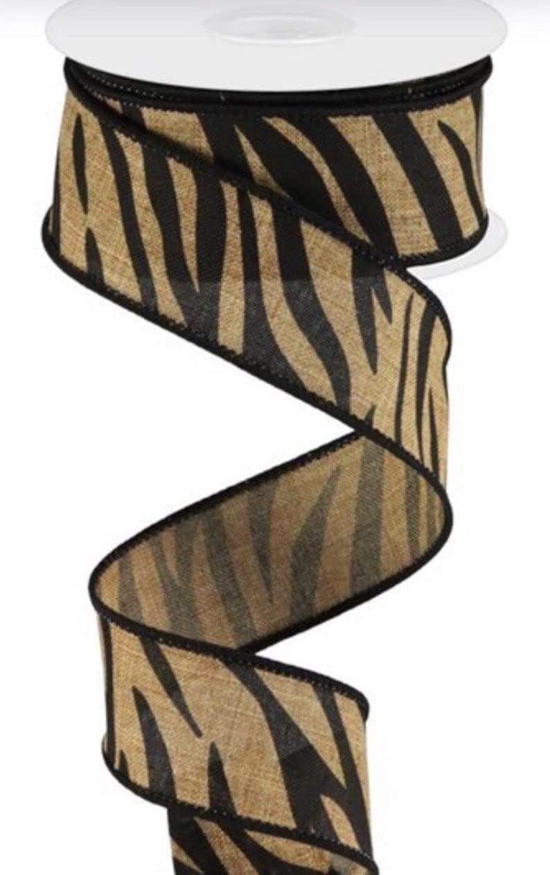 Zebra Ribbon, Tiger Stripe Ribbon, Animal Print Ribbon, Black (SIAf) Ribbon, Tan Ribbon, Farmhouse Ribbon, Wired Ribbon, 1 1/2", 10 Yard Roll