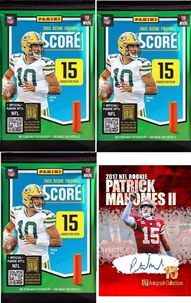 NEW 2025 SCORE Football Cards 3 FACTORY SEALED PACKs, 45 CARDS, Plus Mahomes Card-Sized Print