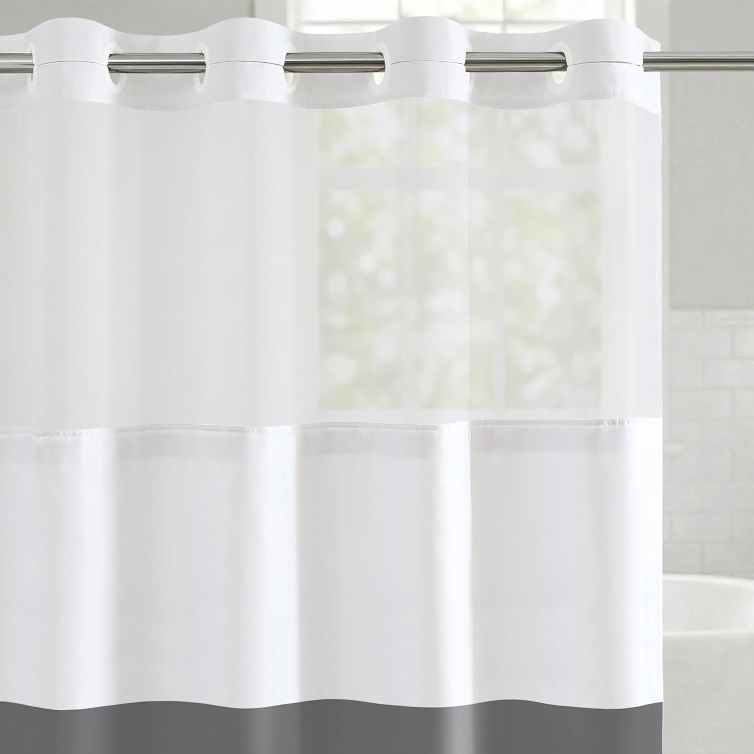 Americanflat 72x75 Hookless Shower Curtain - Water-Resistant Striped Shower Curtain with Sheer Panel, Snap-in Liner, and Durable Grommets - 100% Polyester - Grey and White