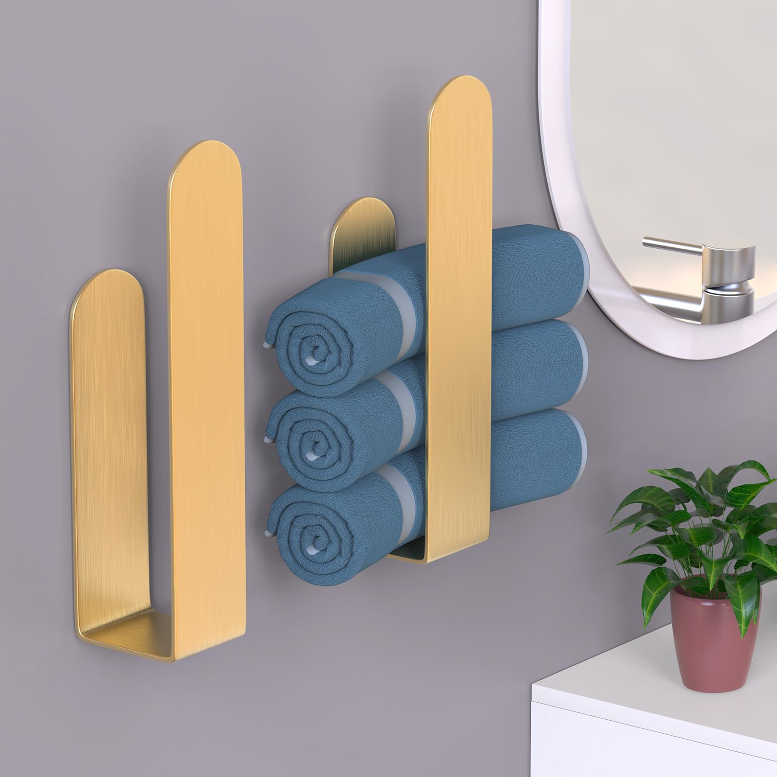HUFEEOH Soporte adhesivo para toallas de mano, soporte para toallas de cocina, toallero de pared, soporte de toalla de baño de acero inoxidable para baño, hotel, cocina (dorado, 8 pulgadas (2 piezas)