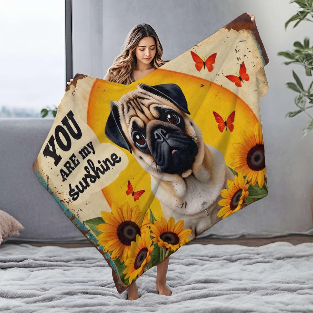 Mały koc 'You Are My Sunshine With Pug And Sunflower'. Koc flanelowy, koc wielkanocny, duży koc narzuta (150 x 200 cm)