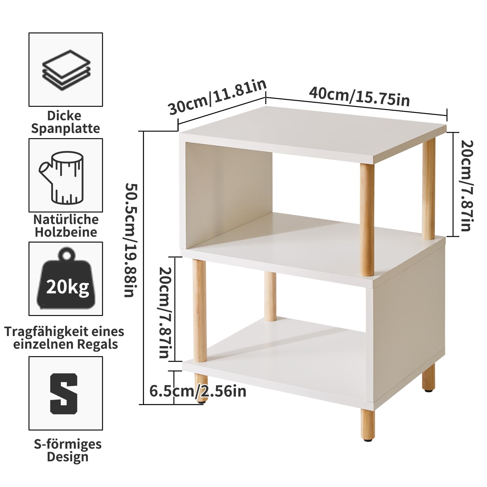 Aibiju Weißer Beistelltisch, Nachttisch， Kaffeetisch, Sofatisch mit 2 offenen Fächern für Schlafzimmer, Wohnzimmer, Weiße + holzfarbene Beine, YD-TM152W
