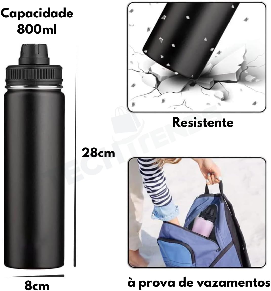 Garrafa De Água Térmica Inox 800ml Parede Dupla com Isolamento a Vácuo Quente e Frio, Antivazamento, Alça e Infusor Ideal para Academia, Caminhada, Escritório, Esportes (Preto) Garrafa De Água Térmica Inox 800ml Parede Dupla com Isolamento a Vácuo Quente e Frio, Antivazamento, Alça e Infusor Ideal para Academia, Caminhada, Escritório, Esportes (Preto)