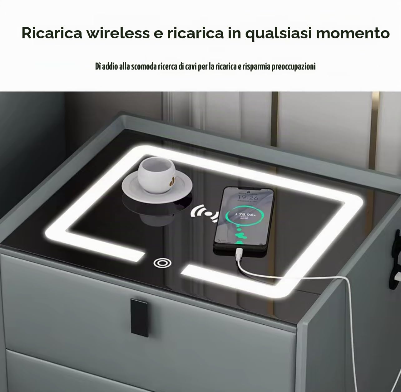 Generico Comodino Moderno con Caricatore Wireless, Luce LED, Porte USB, Speaker Bluetooth, 2 Cassetti, Bianco, 40×46 cm