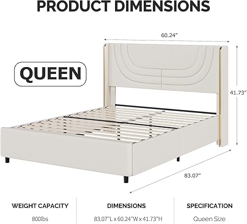 Miniatura 2 de Marco de cama tamaño Queen con luces LED, plataforma tapizada de piel sintética con cabecera de ala plateada, estilo moderno, no necesita somier,
