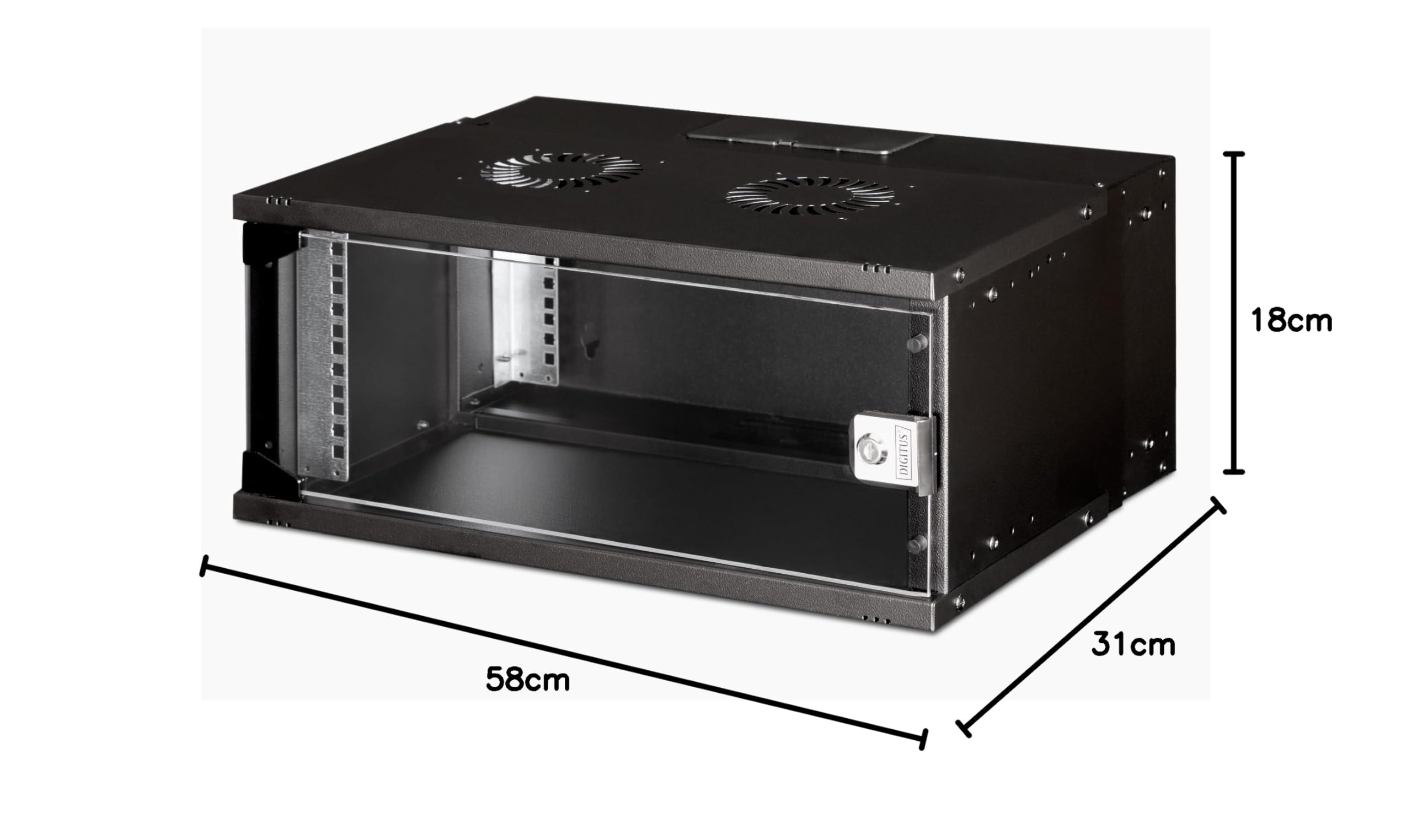 DIGITUS Armario de Red - Rack de 19" 4 U - sin Montar - Montaje en Pared - 400 mm de Profundidad - 327 mm de Profundidad útil - Capacidad de Carga 60 kg - Puerta de Cristal - Serie Soho Pro - Negro