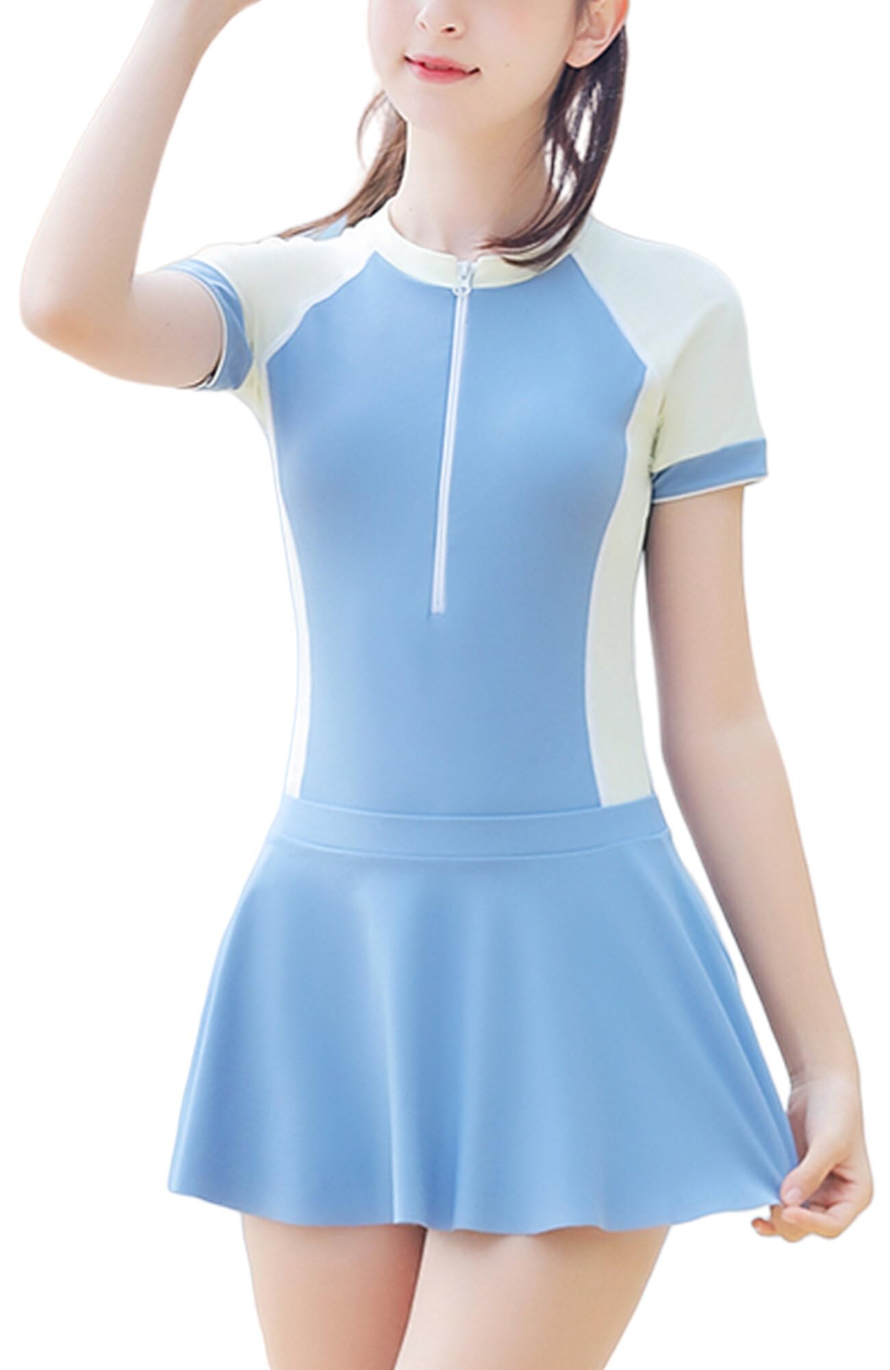 SEAUR Girls Swimsuits Girls Rash Guard Bathing Suits Quick Dry Swimwear Zipper Front Swim Dress Kids Two Piece Swim Suit