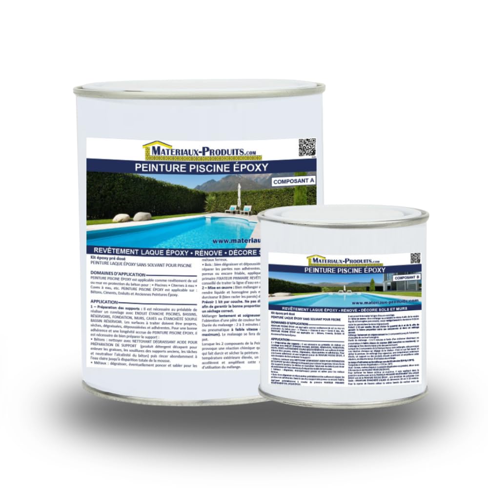 MATPRO - Peinture Piscine Epoxy - Sans Solvant - Très Haute Adhérence sur Béton, Ciment, Enduit - Application Travaux Neufs/Réparation - Blanc - 1Kg