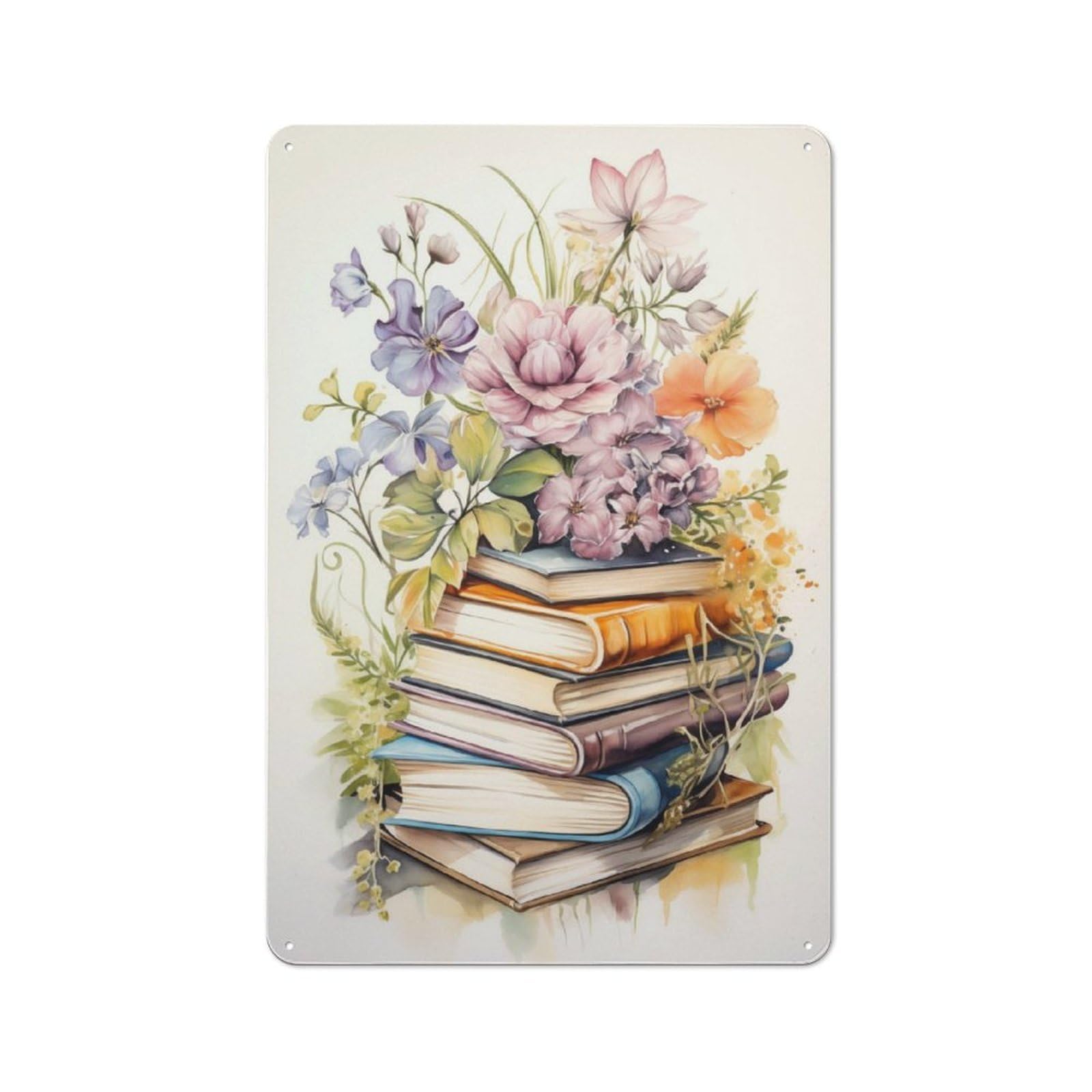 Junmoney Books Watercolor Rustic Tin Sign 30X20cm For Café Or Restaurant, A Decorative Christmas Gift For Hospitality Interior Collectors
