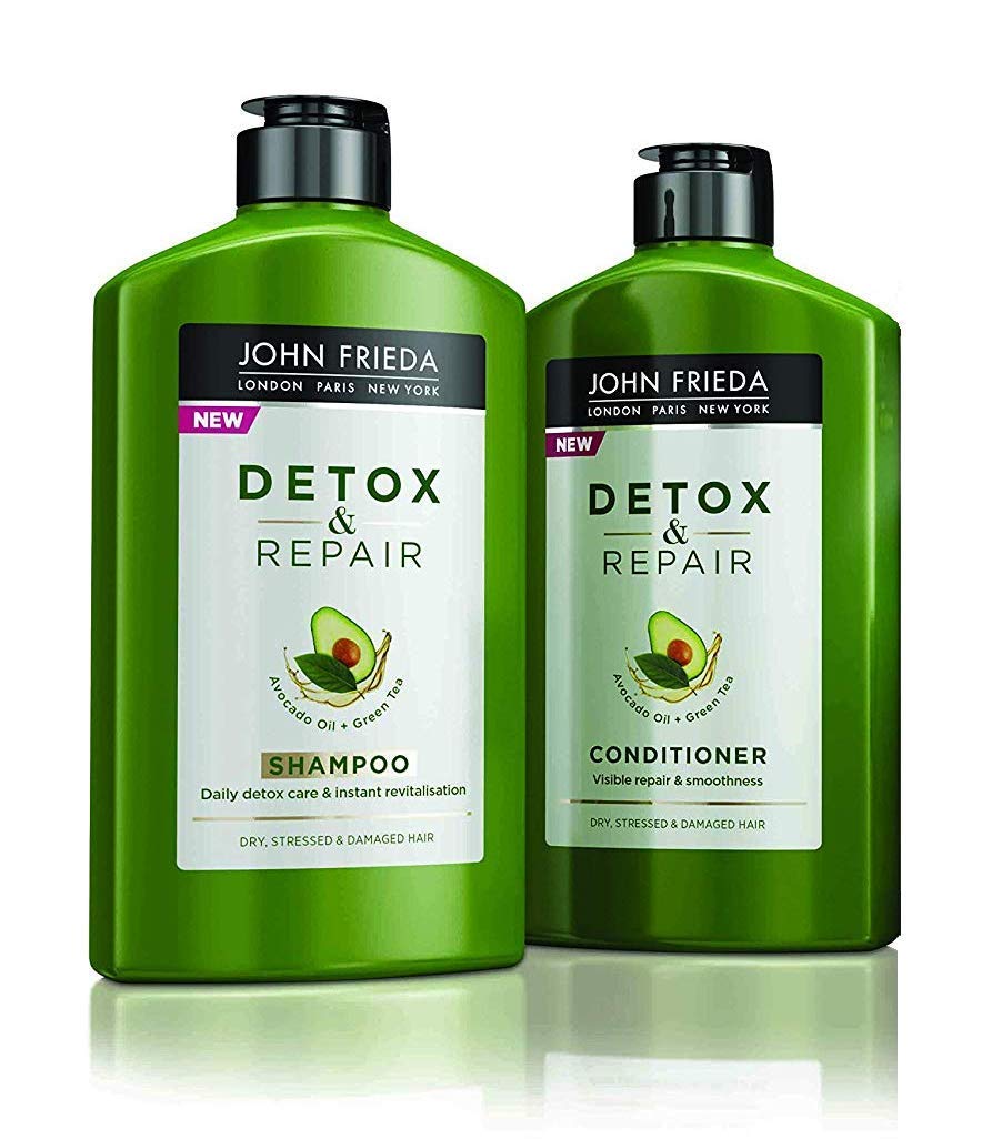 John FriedaDetox and Repair Shampoo and Conditioner 250ml each - Instantly purify and revitalise damaged dry hair. Enriched with avocado oil & green tea for visible repair and smoothness.