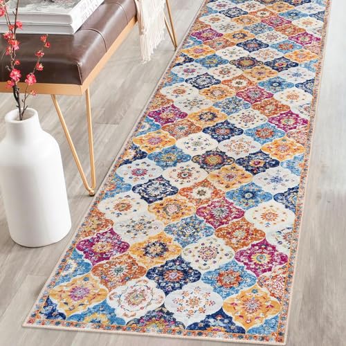 KILOCOCO 2x8 Runner Rug, Moroccan Super Soft Washable Hallway Entryway Runner Rug, Accent Print Faux Wool Kitchen Runner Rug 8 Feet Non-Slip Boho Rug Runners for Laundry Room Bedroom, Colorful