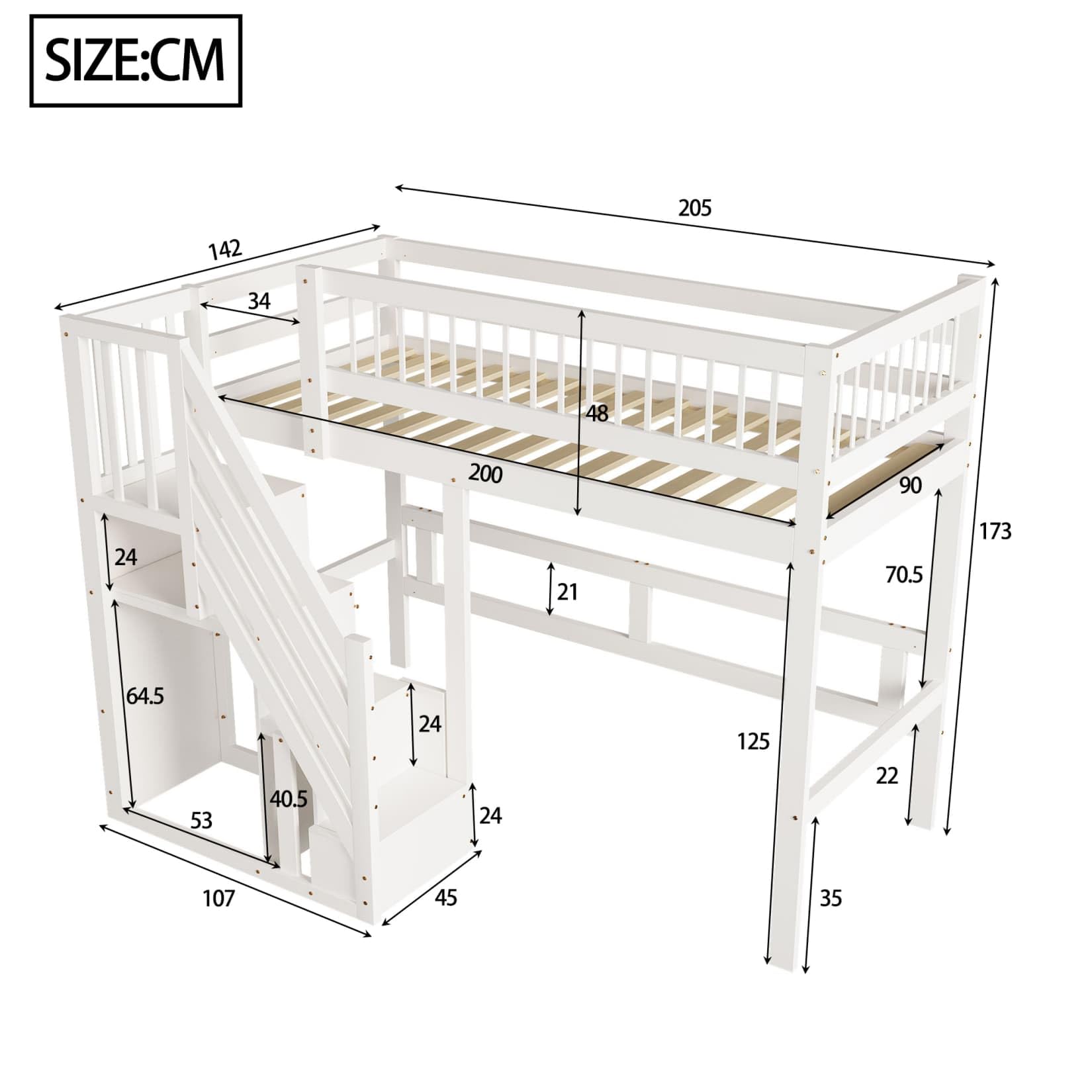 PUGSDRLY Lit Mezzanine 1 Place,Lit Mezzanine Enfant 90x200cm avec Escalier de Rangement et Petite Armoire,pour Adolescent,Design de Clôture Haute,Cadre de Bois Massif (Blanc-A, 90x200)