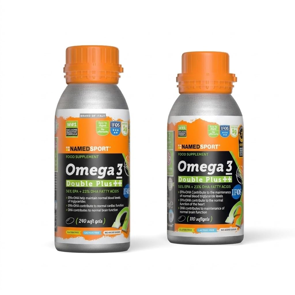 NAMEDSPORT Omega 3 Double Plus | Integratori Omega 3 Alta Concentrazione EPA + DHA da Olio di Pesce Purificato | Certificato | Supporto per Cuore, Cervello, Vista | 350 Softgel 2 Confezioni (110+240)