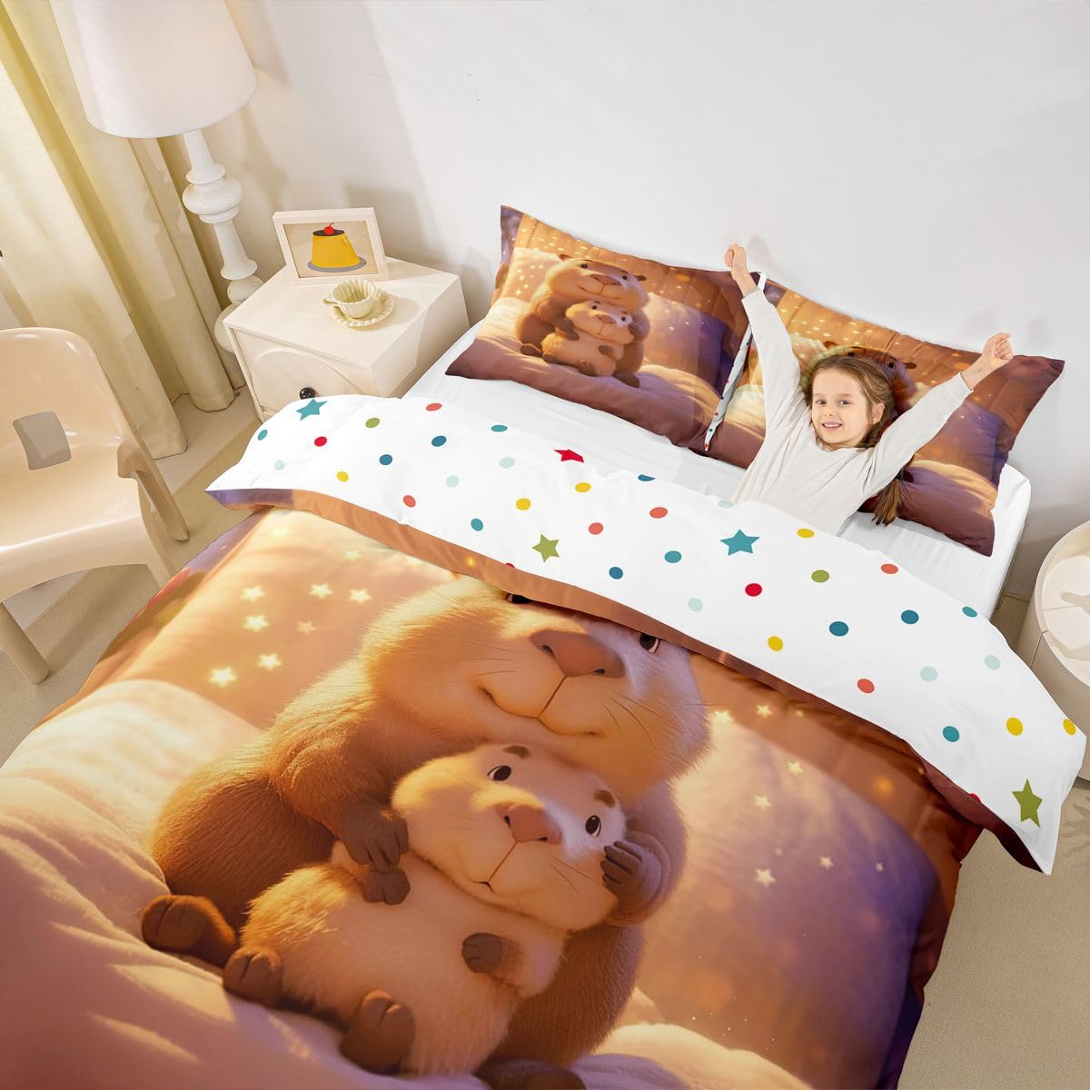Homewish Cartoon Märchen Capybara Bettwäsche 155x220 3D Süßes Nagetier für Jungen Mädchen Bettbezug Märchenhafter Sternenhimmel Bettwäsche Set Capybara Mutter Kind Herzerwärmend Beruhigend Bedding