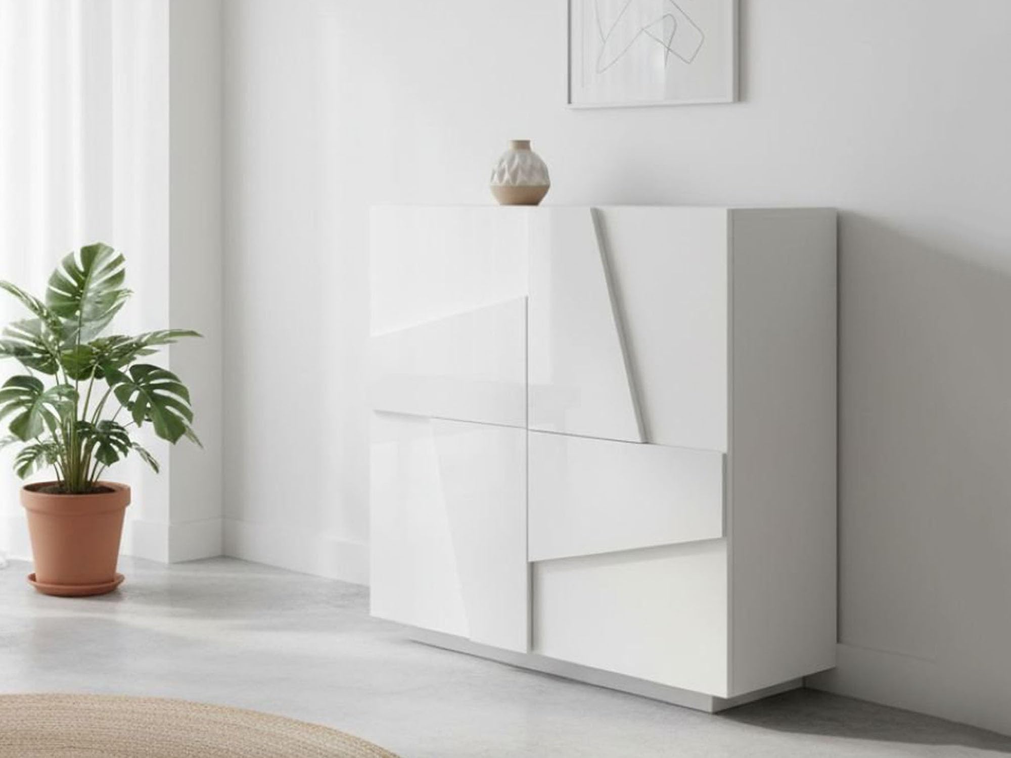 Dmora - Scarpiera Joel, Mobile multiuso a 2 ante, Portascarpe da ingresso, 100% Made in Italy, cm 81x38h86, Bianco lucido con dettaglio