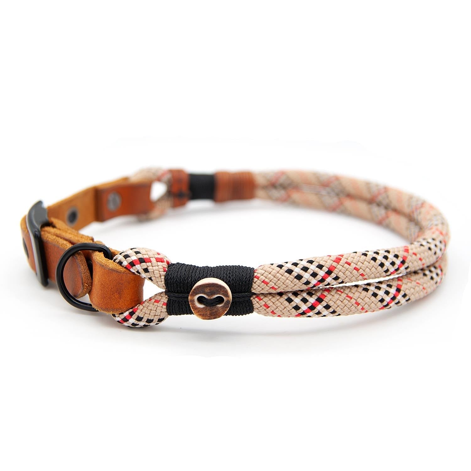 Hundehalsband aus Tau & edlem Leder | Highland Houndstooth | verstellbar & robust | Elegantes, handgefertigtes Design | Halsband Hund für mittelgroße & große Hunde mit Schnalle – beige