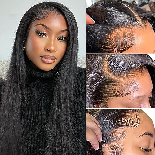 Upgraded Glueless Wigs Human Hair Straight 13x4 Lace Frontal Wigs for Black Women 200% Density Brazilian Virgin Human Hair Wigs Pre Plucked Bleached Knots with Baby Hair Natural Color 22 inch