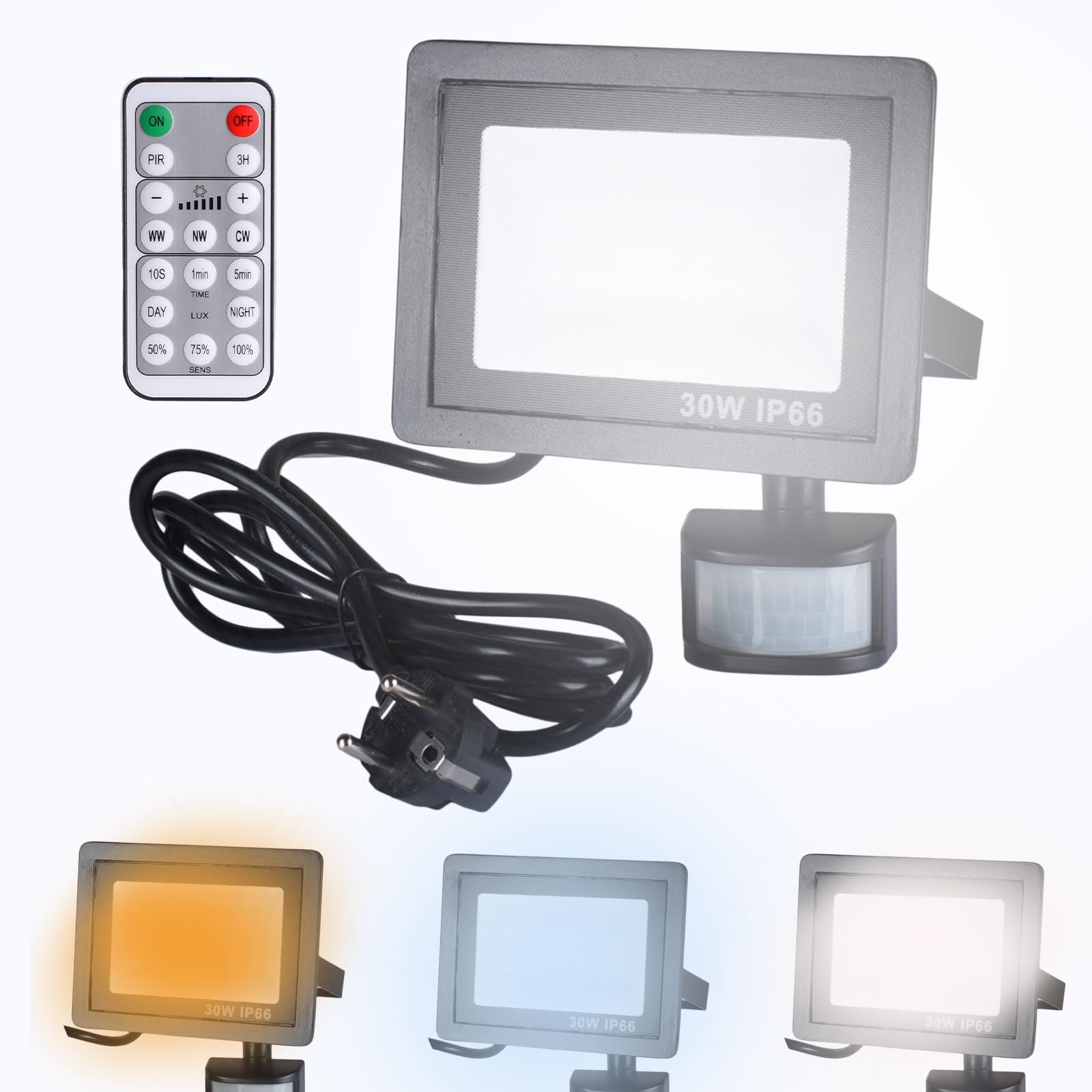 Etrogo 30W LED Strahler mit Bewegungsmelder Außen Fernbedienung 3000LM 6000K 3000K 4500K Dimmbar LED IP66 Wasserdicht für Garten Garage Hof Sportplatz
