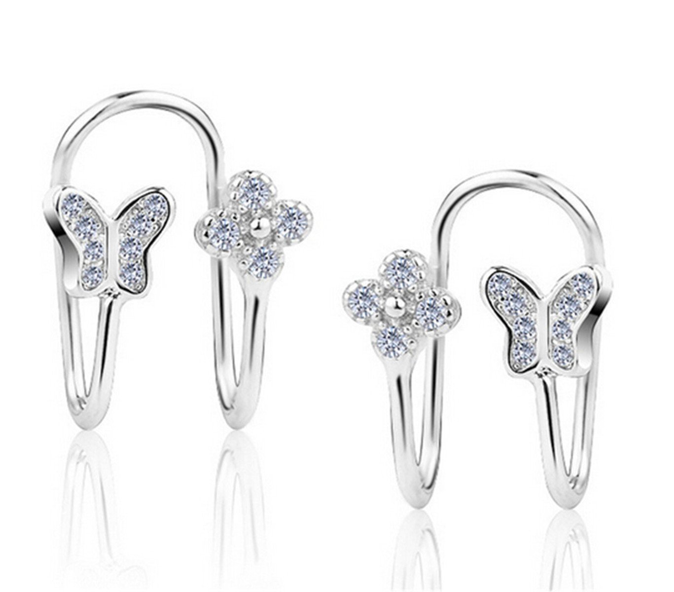 Boowhol Women/Girls Stud Earrings 925 Sterling Silver Anti-allergic Lucky Butterfly Clover Flower Zircon Clip-on Earrings