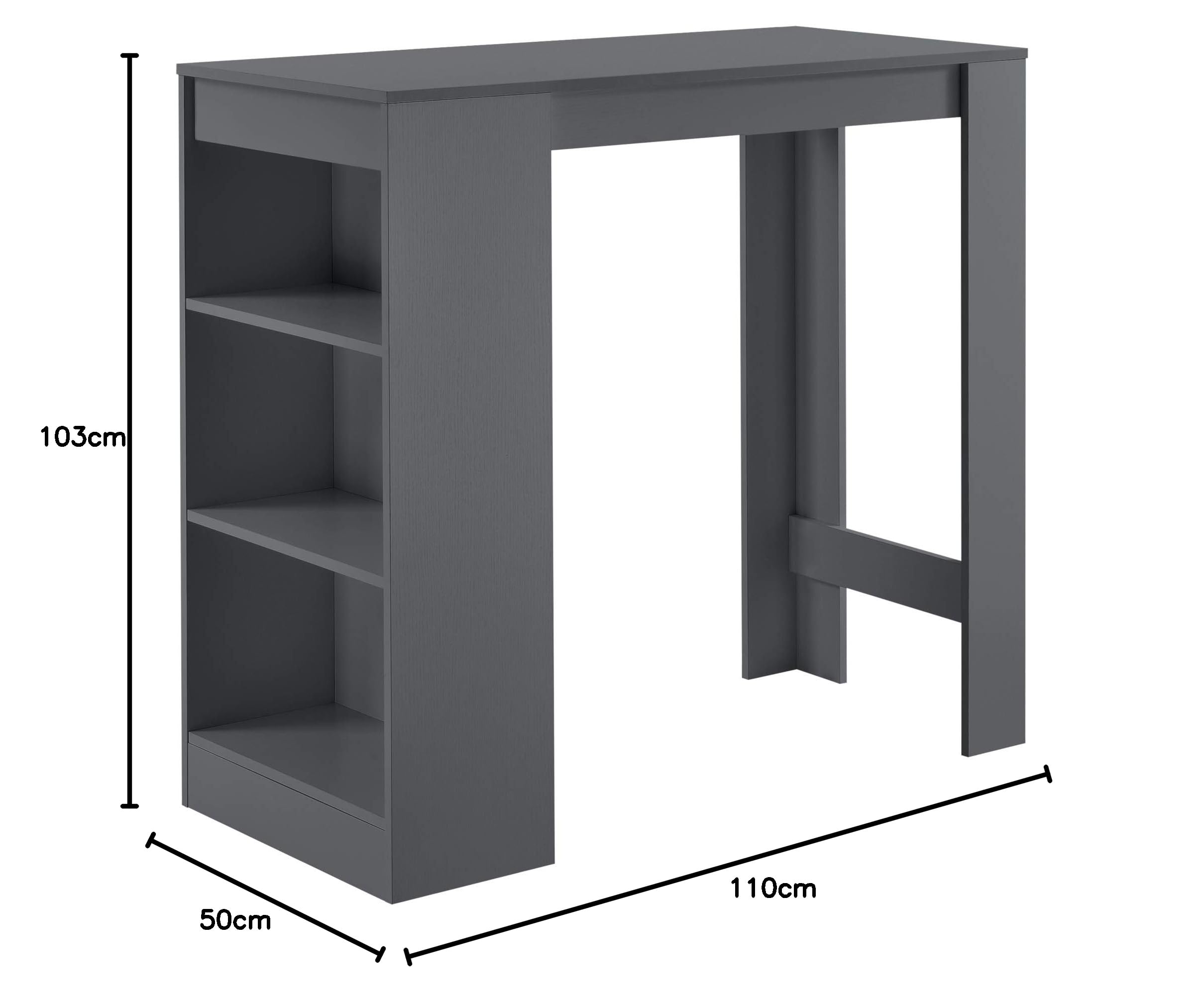 [en.casa] Mesa Alta Cocina Kouvola Mesa de Bar Bistro Elegante con 3 Compartimentos Laterales Comedor Oficina en Casa Aglomerado 110 x 50 x 103 cm - Gris Oscuro