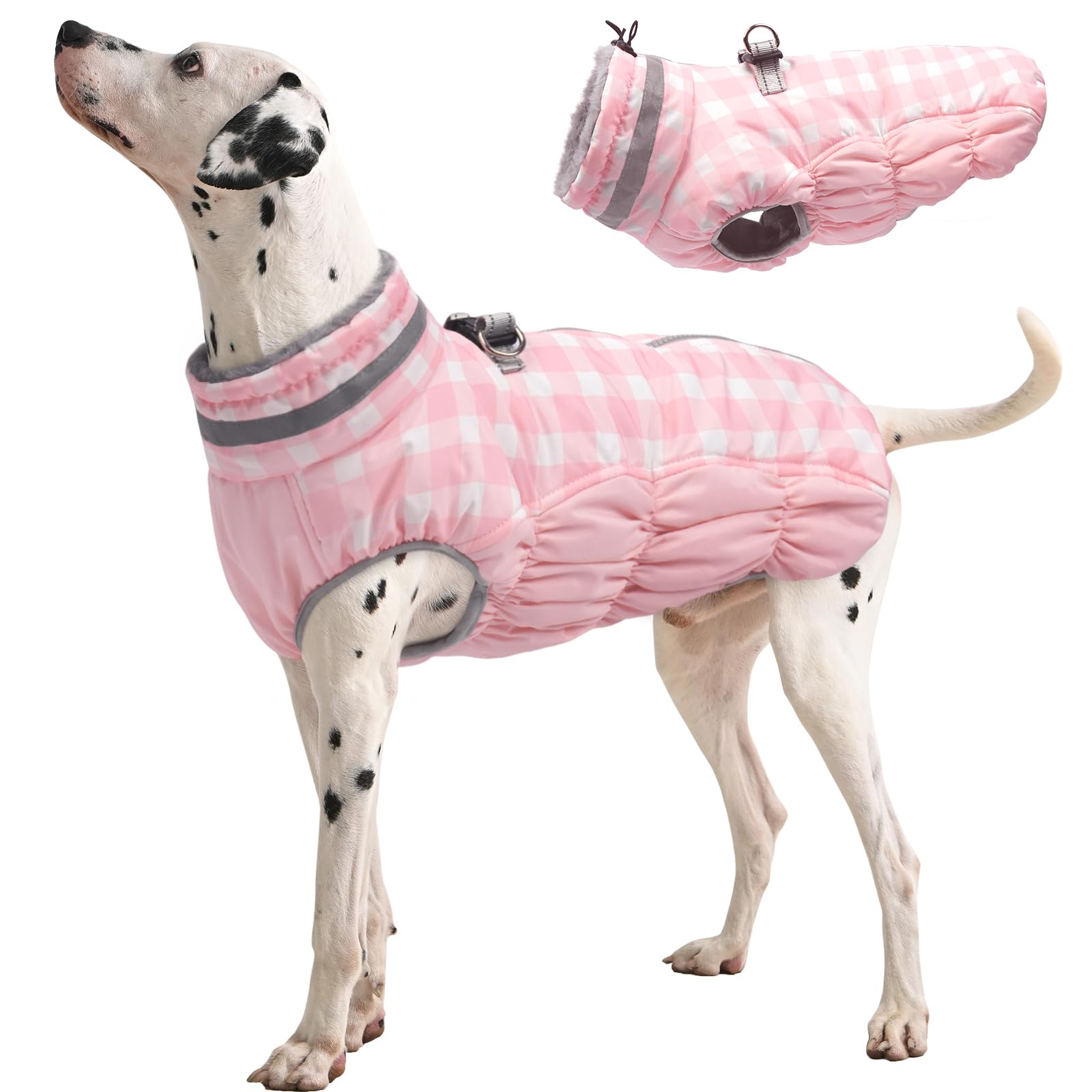 FUAMEY Dog Winter Coat Fleece Warm Large Dog Coat with Harness Built in