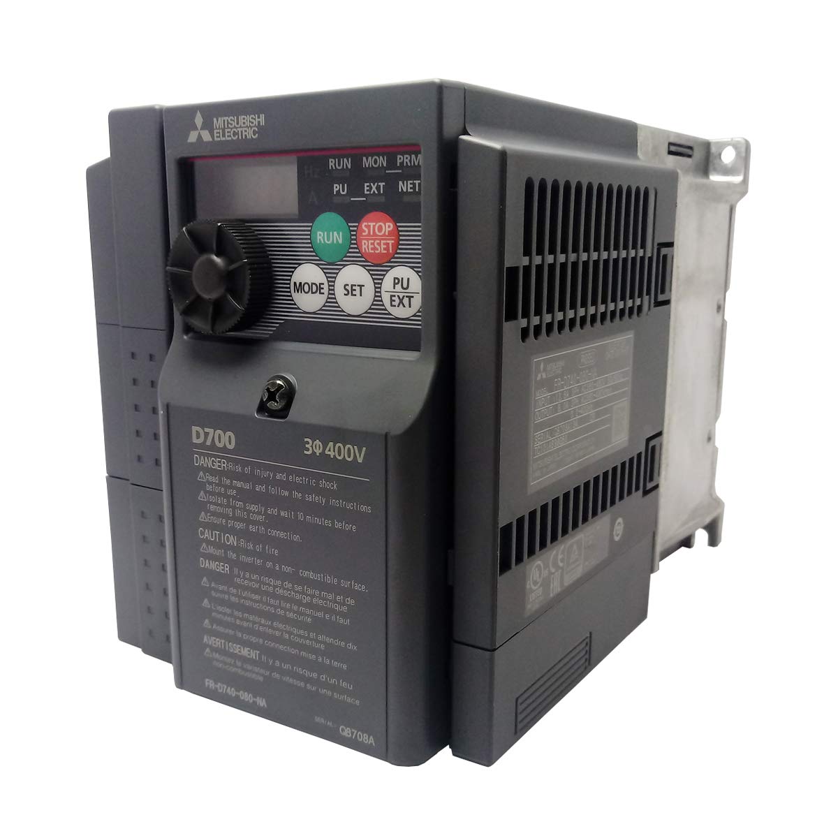Main product image of the Mitsubishi FR-D740-080-NA Inverter Drive, showing the front control panel with buttons and display.