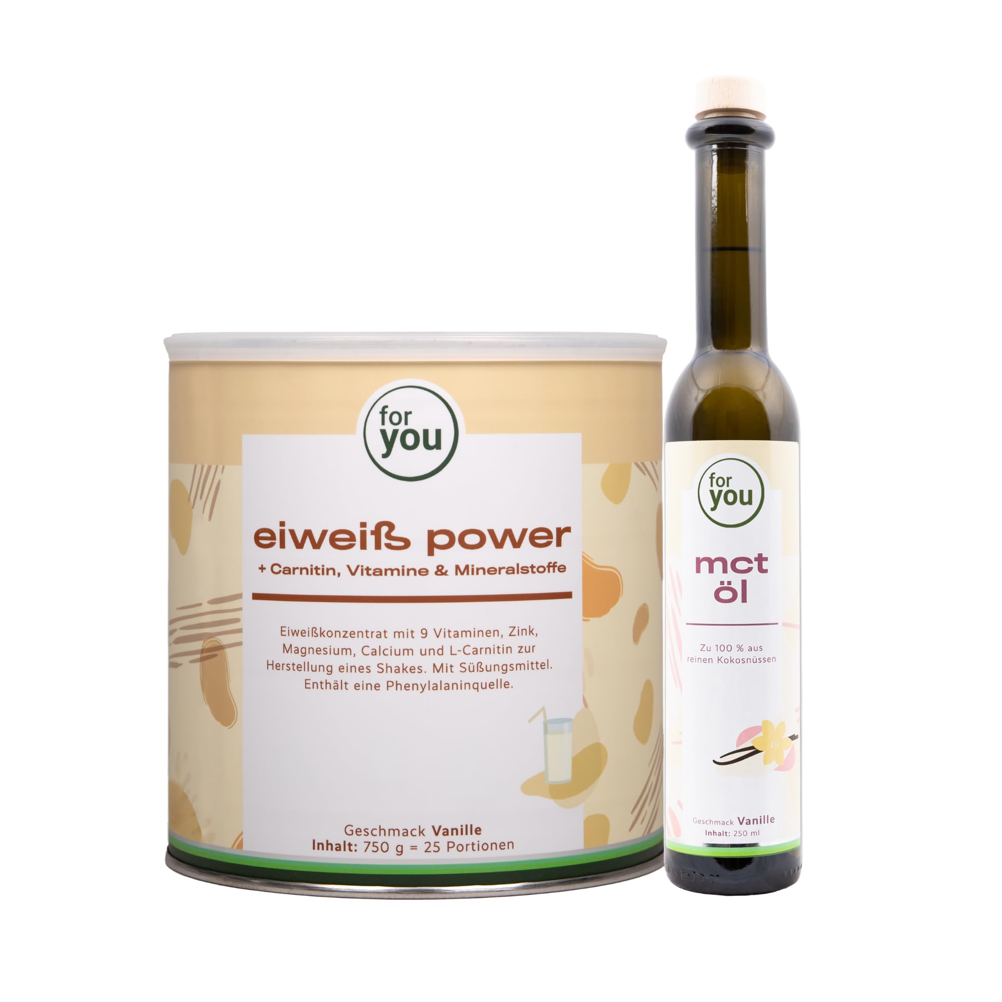 for you Power Eiweiß Vanille + MCT-Öl Vanille Set – Protein Pulver nach Dr. Strunz (750g) & 250ml MCT Öl aus 100% Kokosöl | L-Carnitin, Vitamine & Mineralstoffe | Schnelle Energie & Muskelaufbau