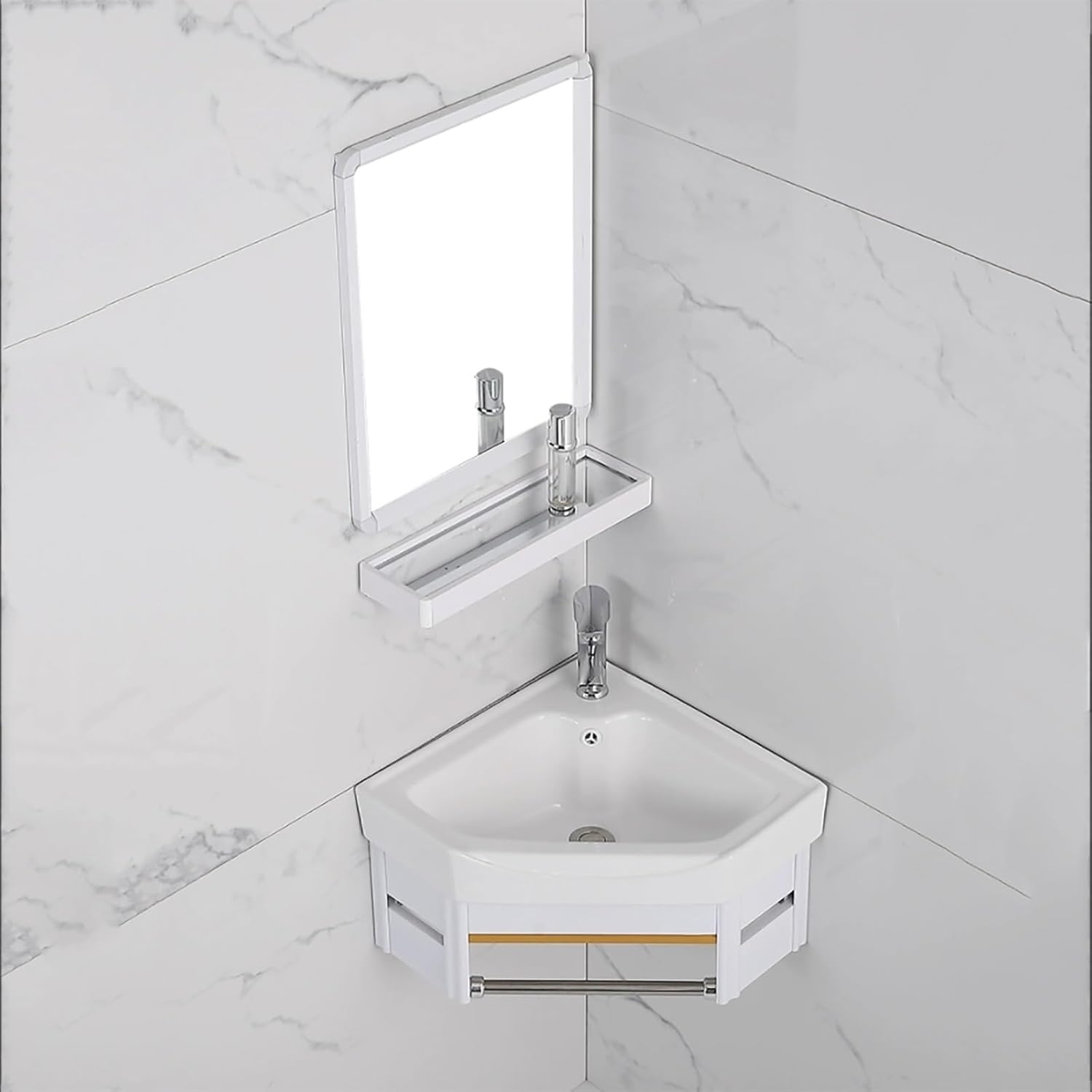 Modern Small Corner Wall Mount Bathroom Sink Combo with Mirror & Hot/Cold Faucet, White Vessel Vanity Cabinet with Overflow – Ideal for Kitchen & Home,