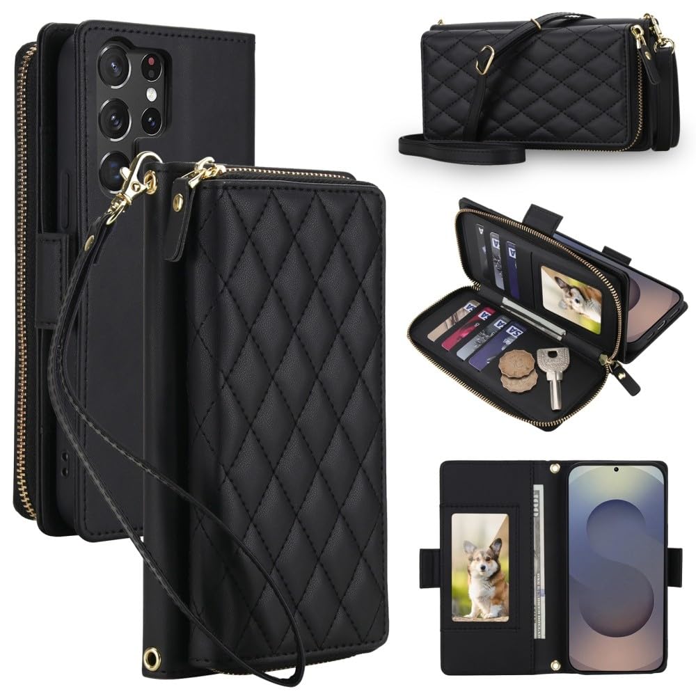 Funda compatible con Samsung Galaxy A26 5G (color negro) Funda tipo cartera con correa de piel con correa de hombro